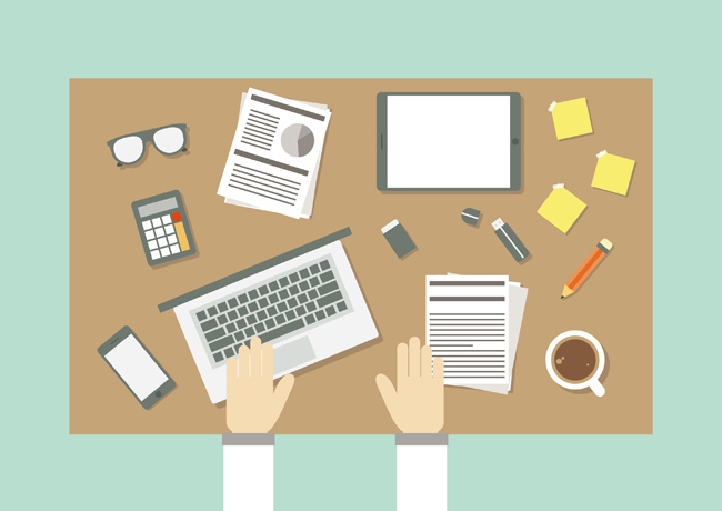 扁平化辦公桌上的辦公用品設計素材下載指南